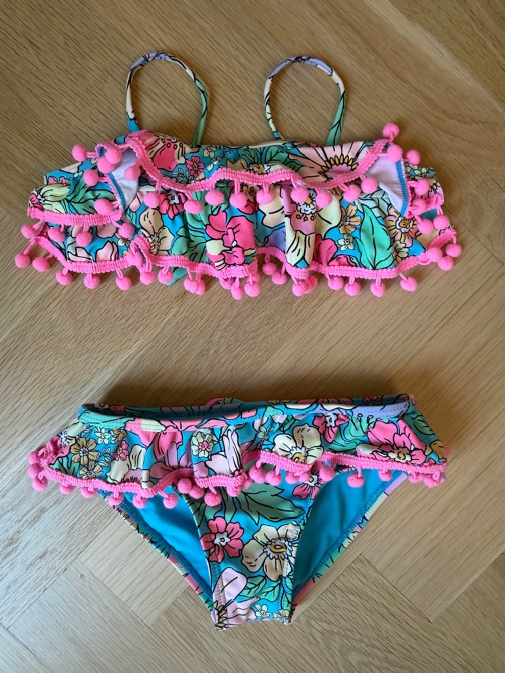 Beach Lingo Girls Floral Bikini Set in Turquoise and Hot Pink Pom-Pom Trim